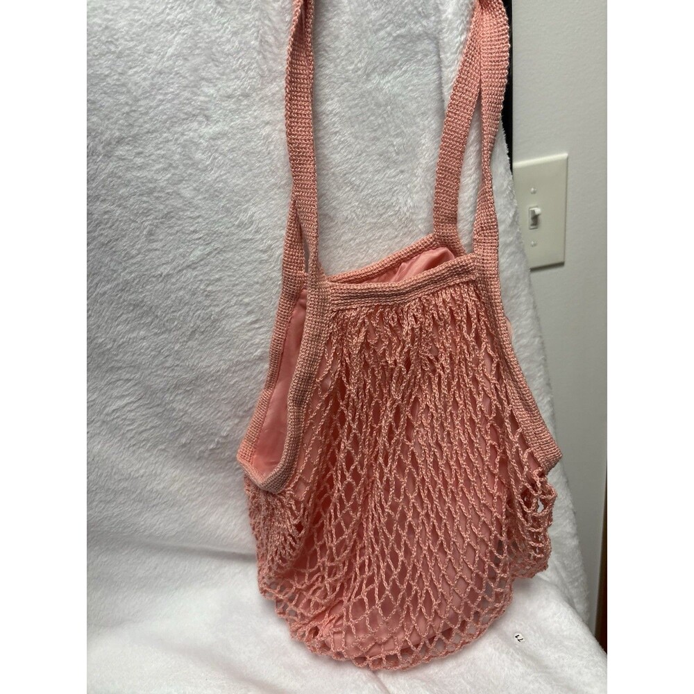 Pink Crochet Mesh Shoulder Bag Boho Net Tote Purse Market Beach Bag Lined - Picture 2 of 3